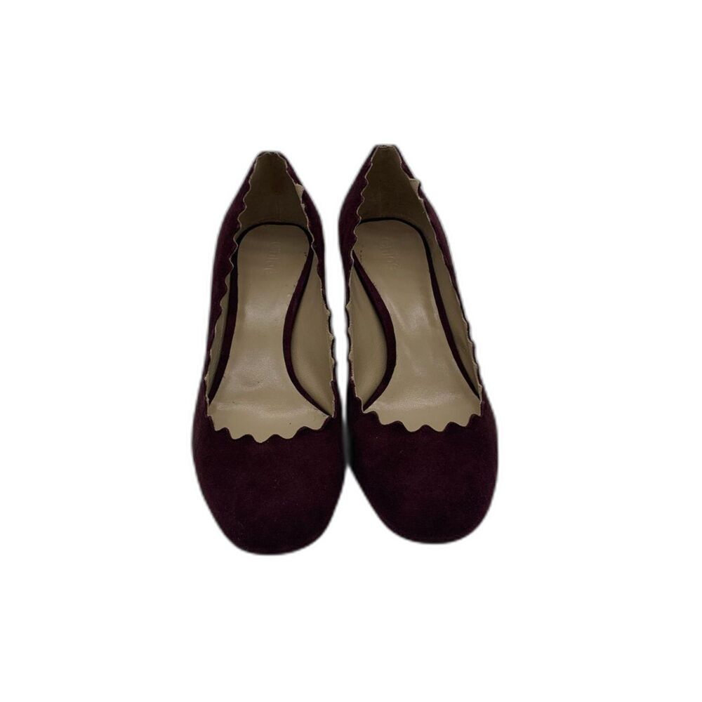 Chloé Lauren Burgundy Suede Scalloped Trim Round Toe Block Heel Pumps Shoes -6